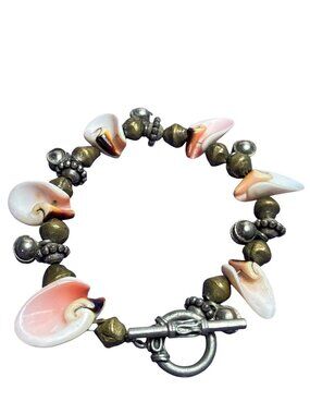 Shell and 2 Tone Metal Bracelet Toggle Clasp 7 inches Long